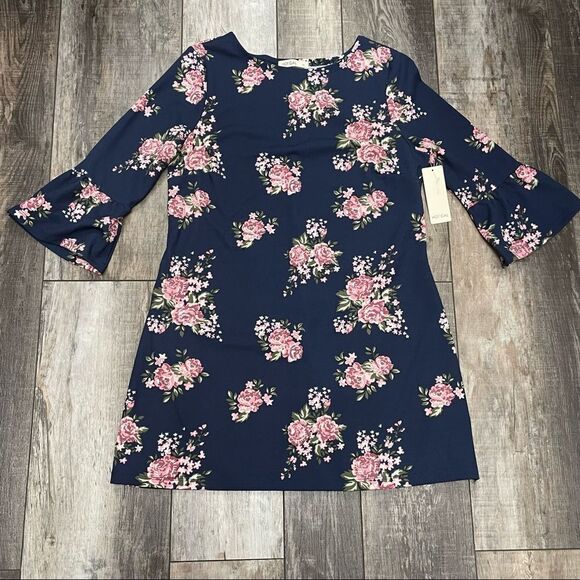 NWT Hot Gal 3/4 Sleeve Floral Mini Dress Navy Blue With Pink White Flowers Large - Picture 7 of 11